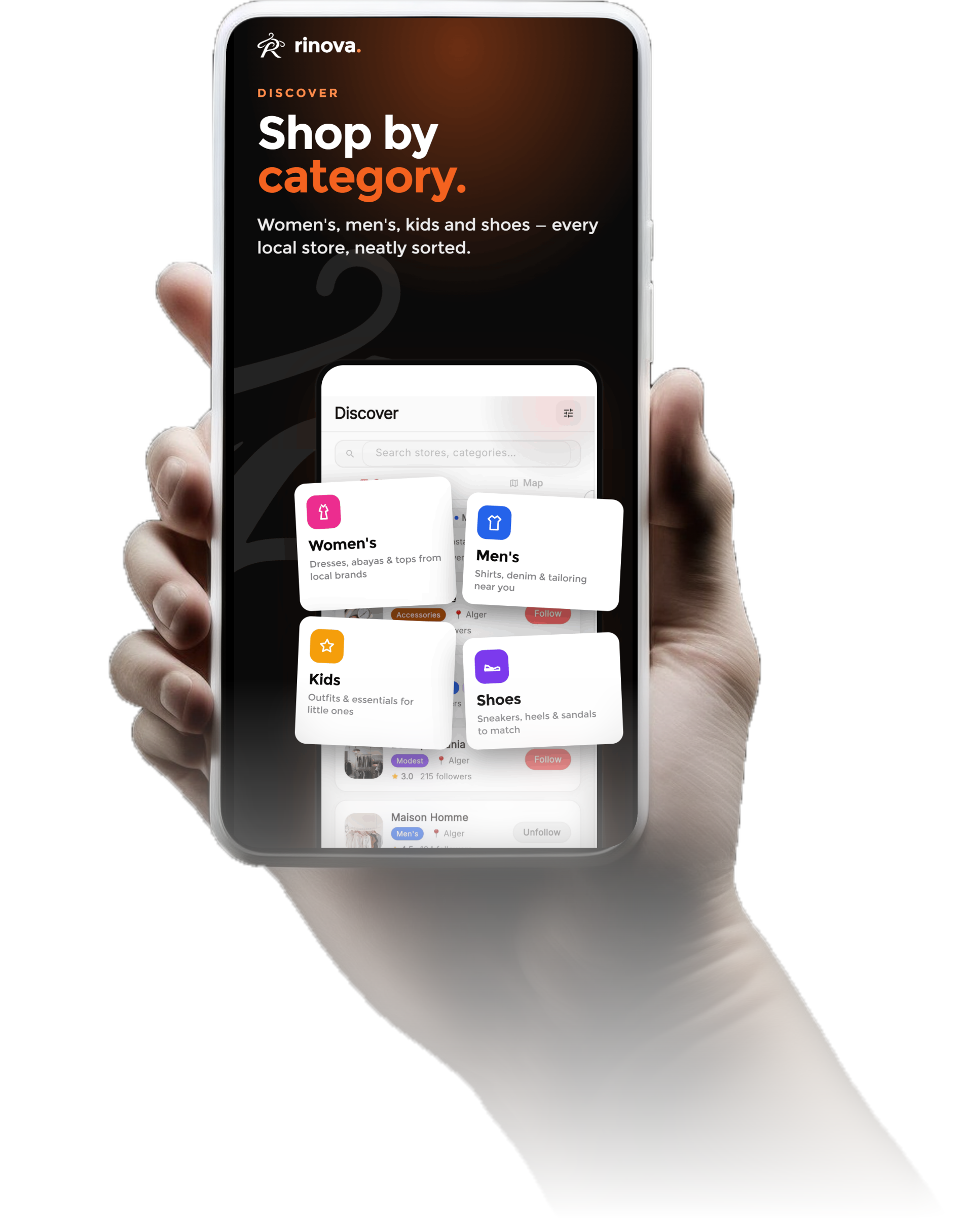 A hand holding a phone showing the Rinova Discover screen